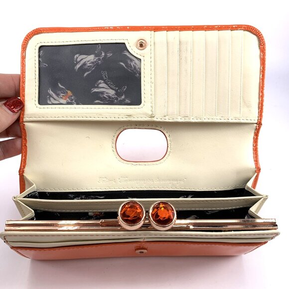 Ted Baker Wallet London Orange Patent Leather Crystal Kiss Lock Frenchie Lining - Picture 6 of 14
